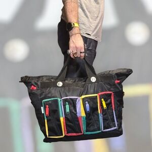 Vtg 1990s United Colors Of‎ Benetton Nylon Duffel Black Logo Colorblock Pockets